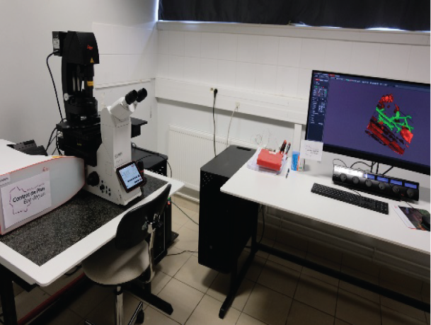 Photographie d'un microscope confocale à balayage installé dans un laboratoire, et d'un ordinateur affichant une données obtenue par cet appareil. Le logo du CPER 2021-2027 est affiché sur l'appareil.